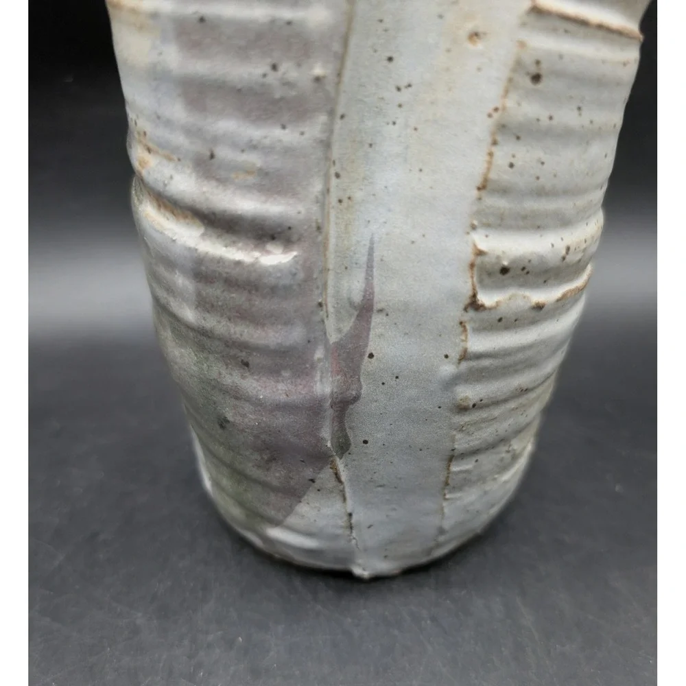 Vicki Knierim Studio Pottery Ribbed Stoneware Vase Salt Glaze Brutalist Signed